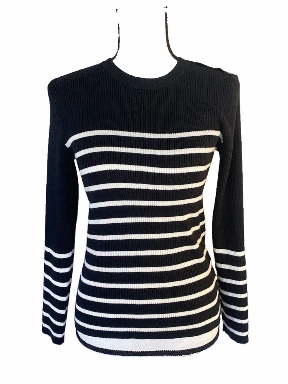 PREMISE Black White Stripe Ribbed Knit Top Sweater Button Accent Slim Large NWT